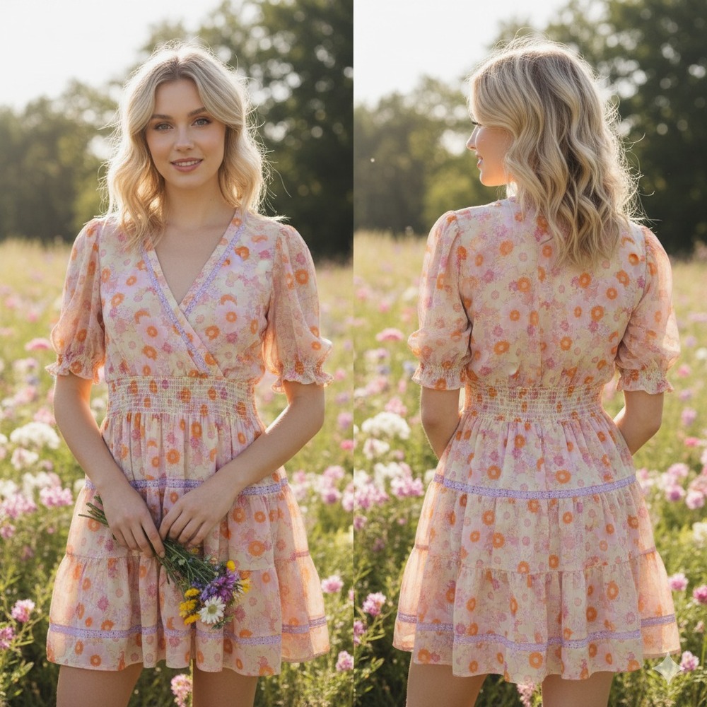 Taylor Dress 14 Pastel Floral Chiffon Puff Sleeve Smocked Coquette Soft‎ Girl